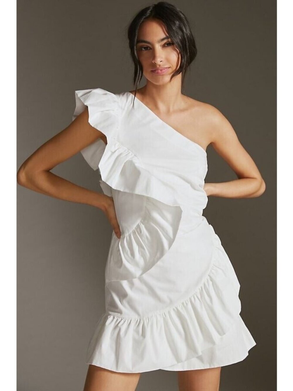Maeve Anthropologie One Shoulder Ruffle Mini Dress White Size 12 Bridal Wedding